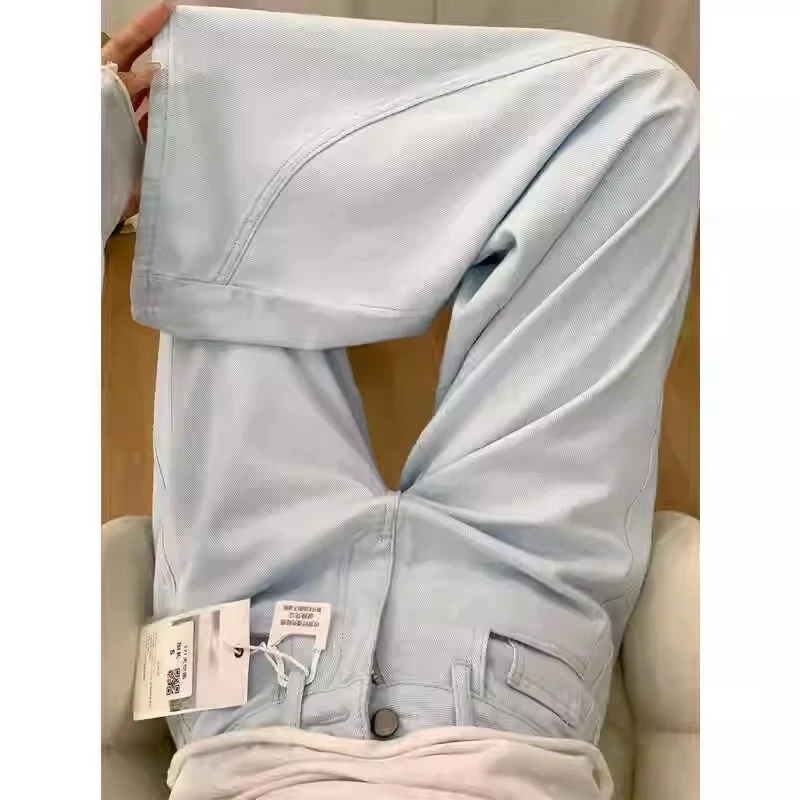 天空蓝浅色阔腿牛仔裤女早春2025新款高腰宽松梨形身材直筒拖地裤