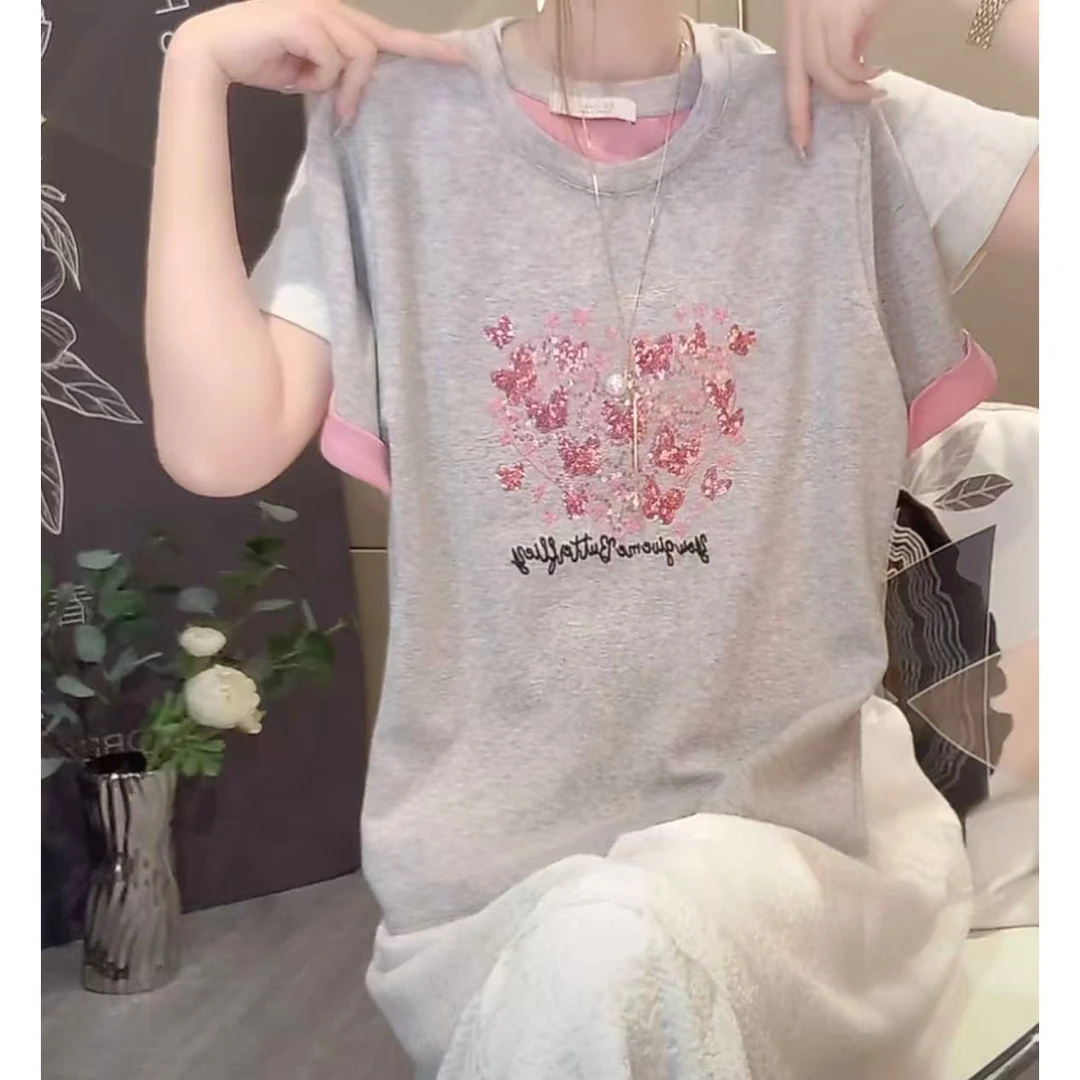 【绮可儿】夏季新款设计感字母印花爱心短袖T恤宽松百搭圆领女装