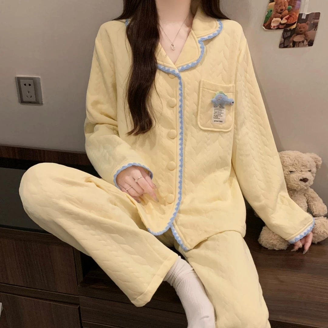 韩系贝壳绣睡衣女秋冬季保暖加厚可外穿长袖空气夹层家居服套装