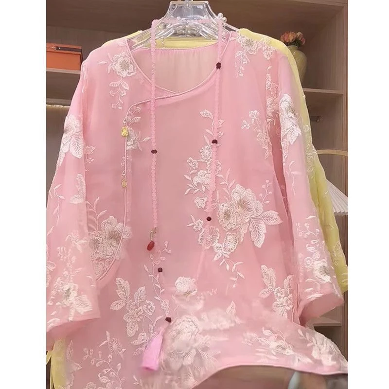 新中式夏季女士重工刺绣宽松国风盘扣短袖衬衫
