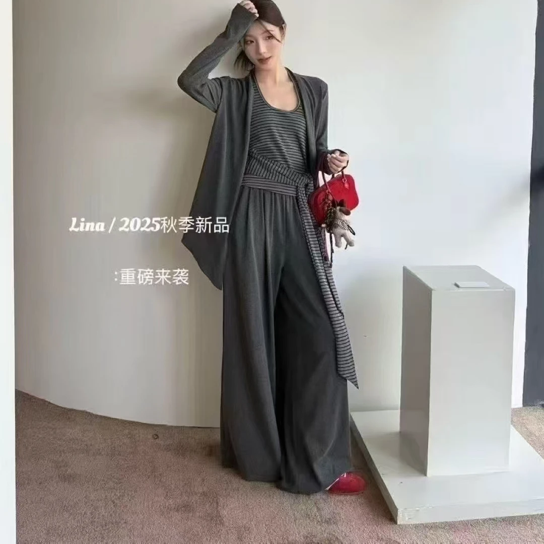 早秋条纹吊带外套阔腿裤套装慵懒风显瘦休闲简约气质时尚百搭