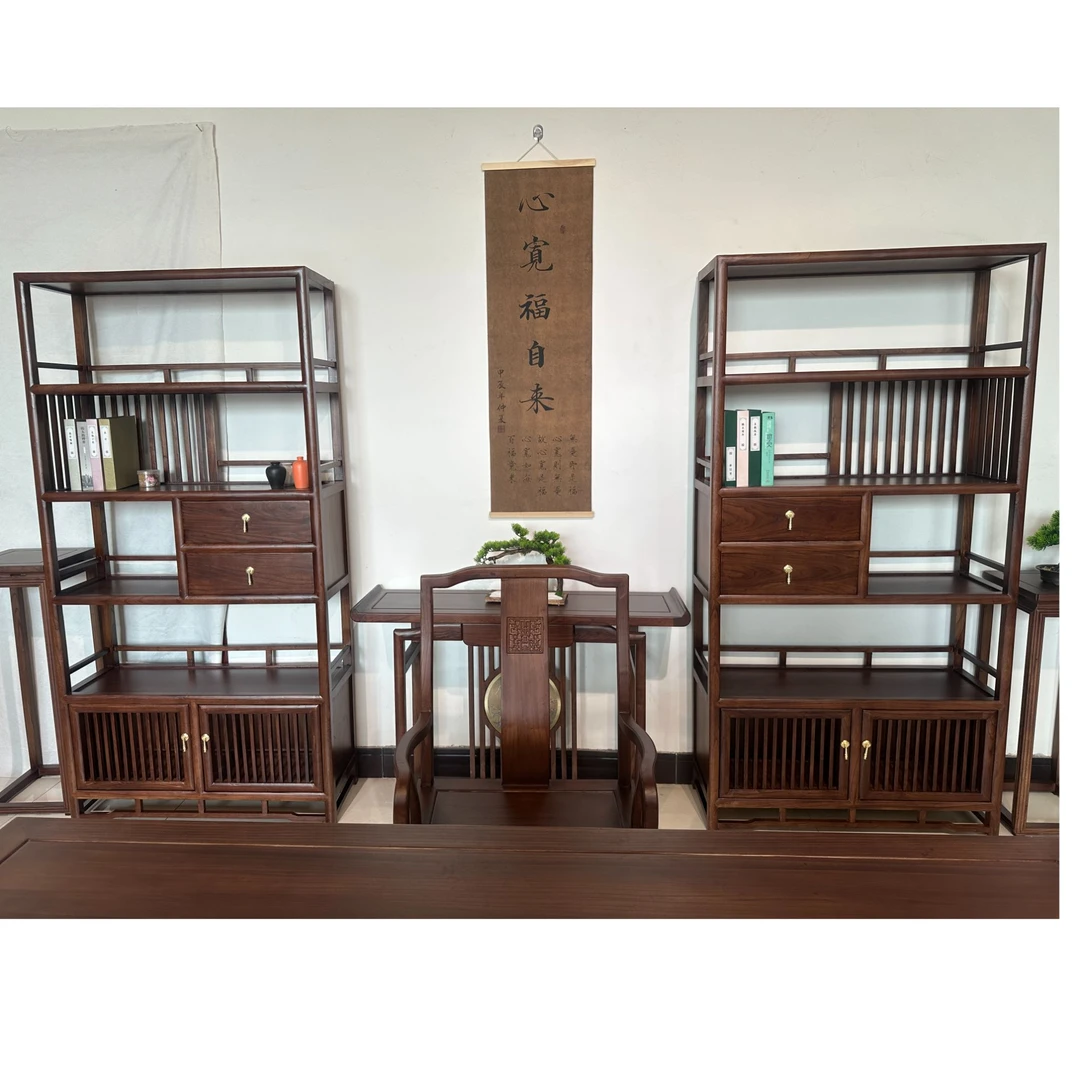 新中式书柜老榆木书架书房客厅展示架禅意实木书柜简约现代置物架