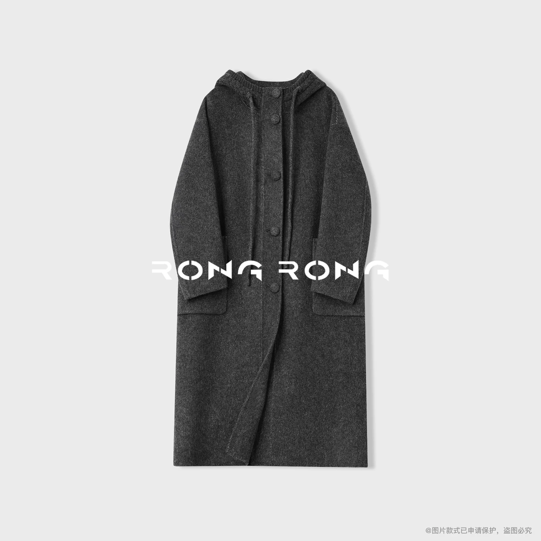 溶溶【简系炭灰】RONGRONG 绵羊毛莱赛尔山羊绒双面呢连帽大衣8521