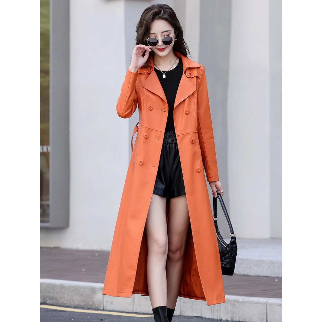 韩版修身长款女外套真皮绵羊皮双排扣春季厚款