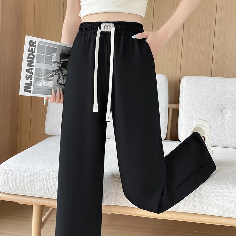 窄版阔腿裤女夏季薄款冰丝高腰大码胖mm垂感休闲九分小个子直筒裤