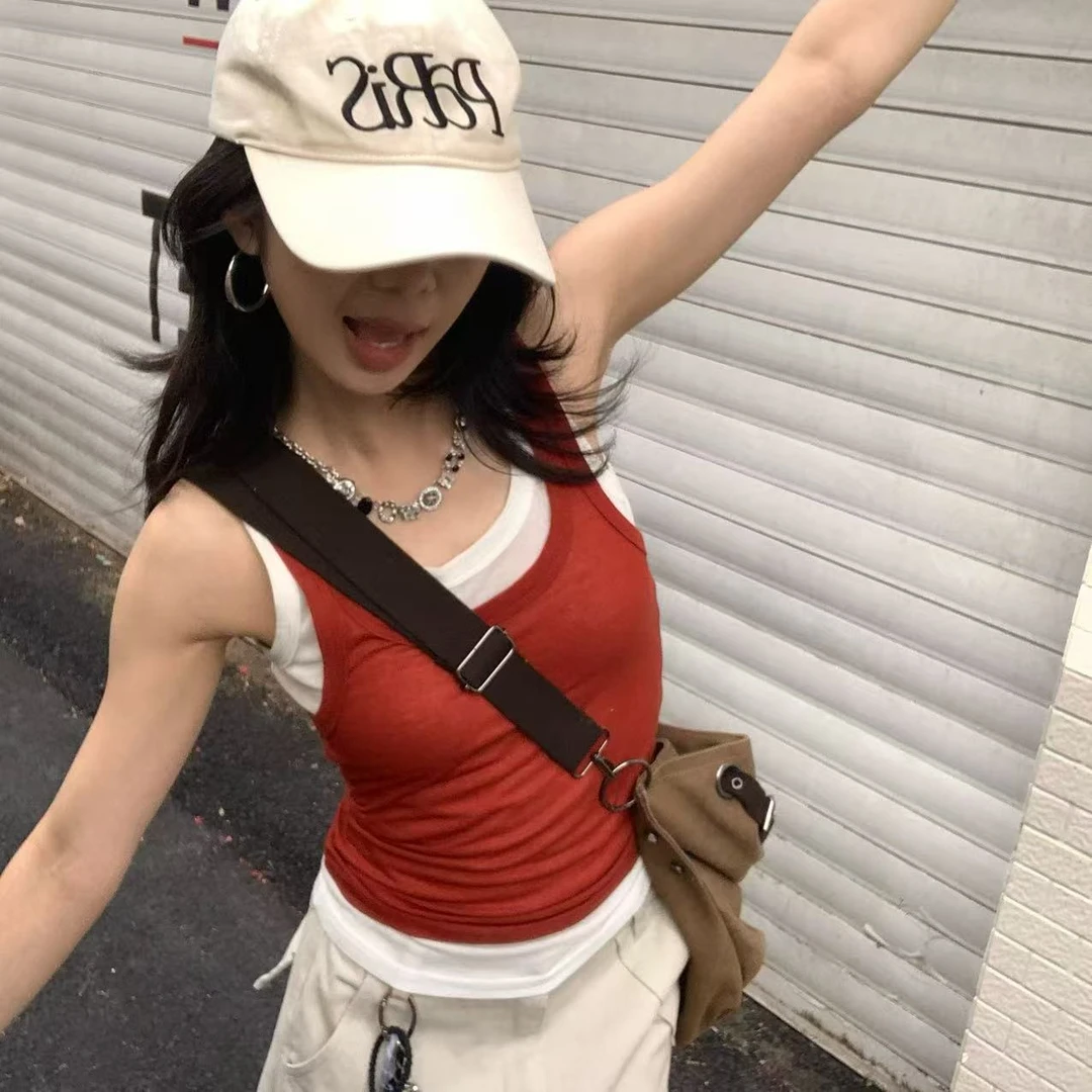 Pp【现现山楂卷】美式双层假两件撞色针织背心女夏季修身百搭S25207