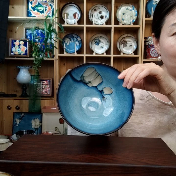 瓷片小可陶瓷高温釉下彩一组两个大斗笠面碗