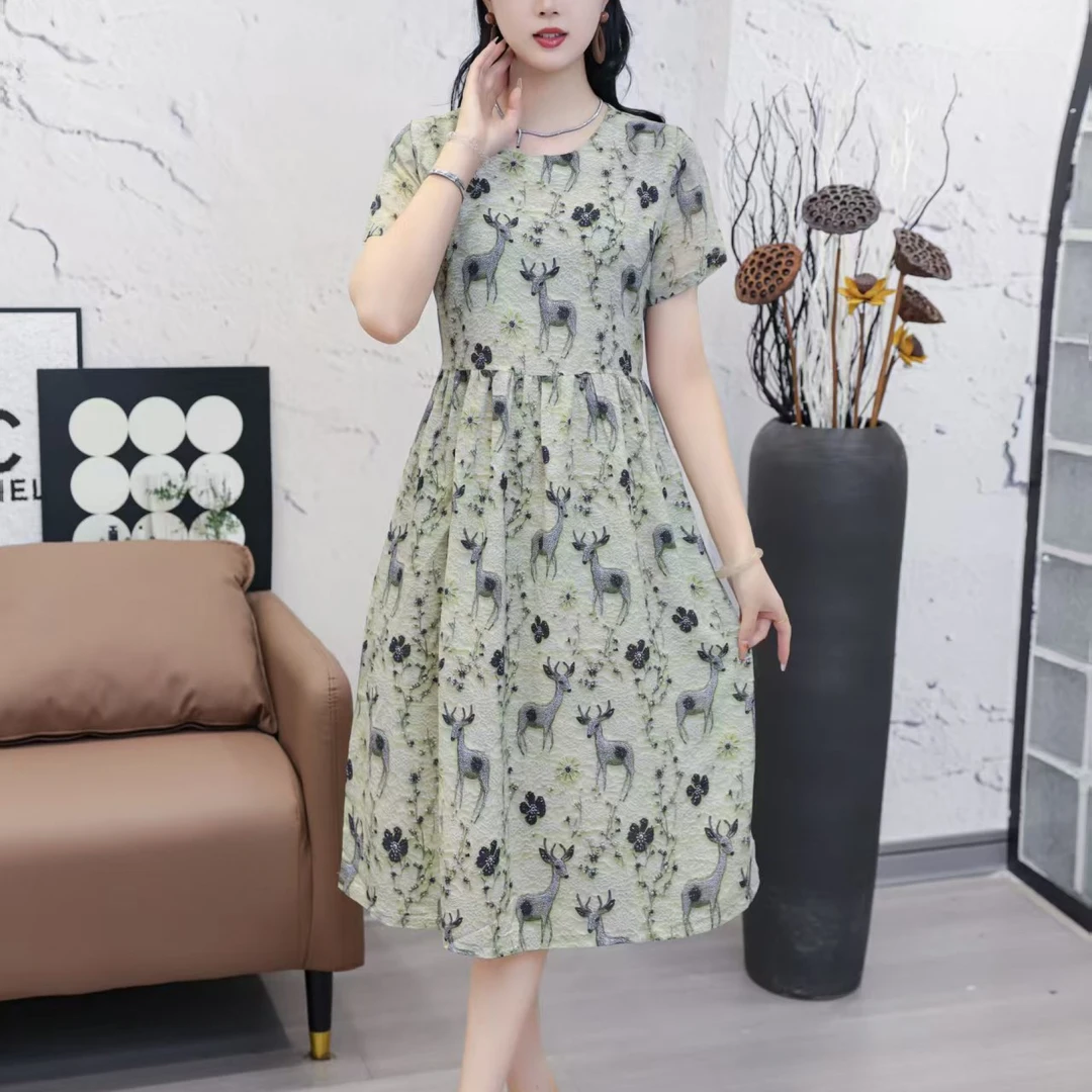 10808-新款连衣裙薄款短袖减龄显瘦妈妈气质大码连衣裙【伊莲依绣】