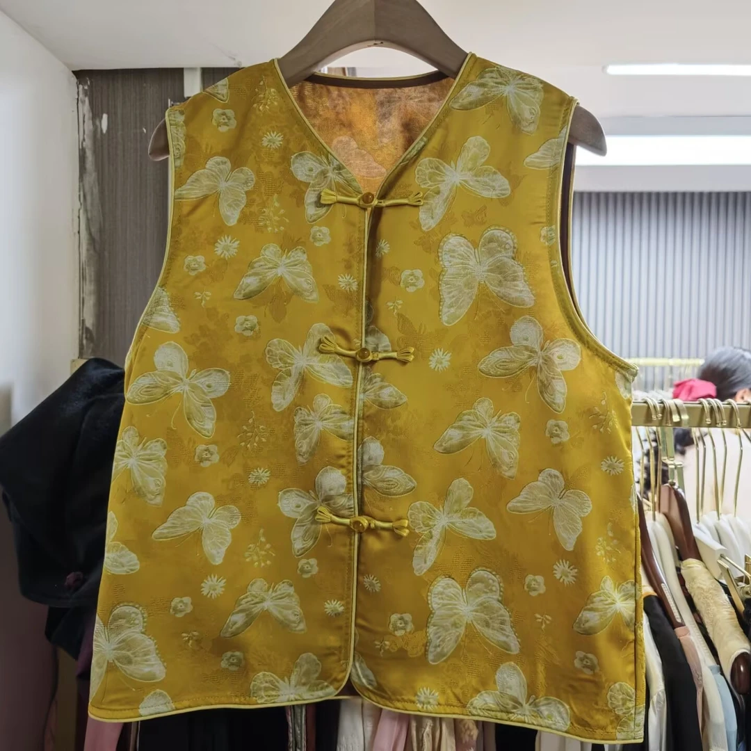 2213国潮中式复古提花印花蝴蝶圆领马甲坎肩飞