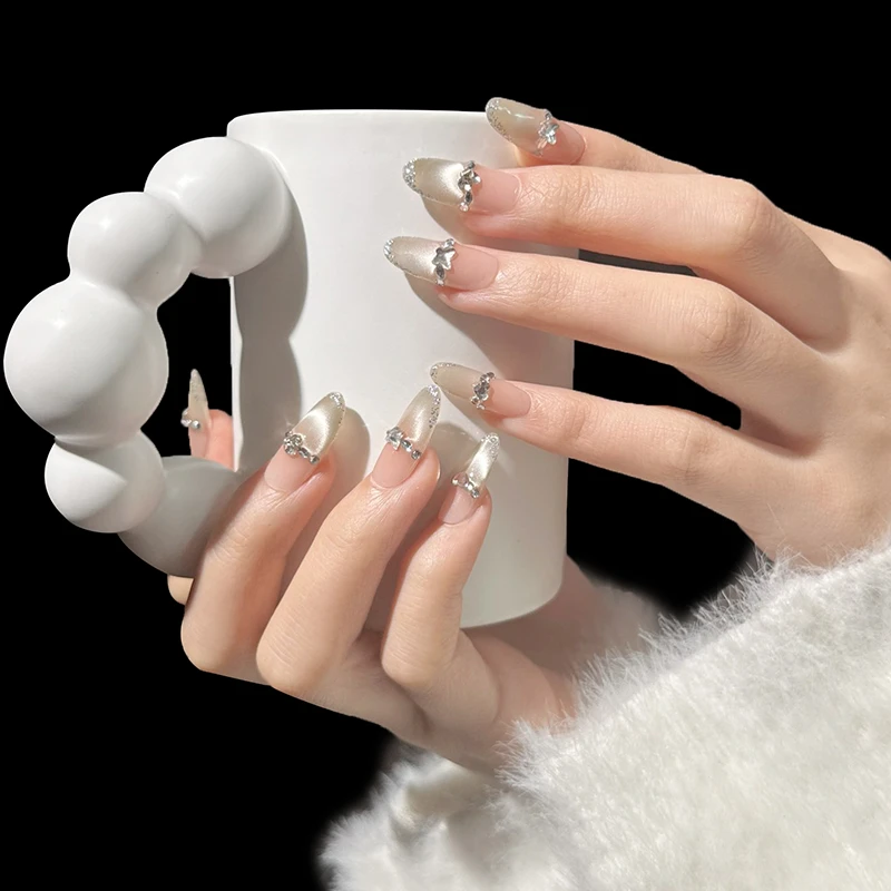 新款纯手工裸色猫眼戴钻显白小众高级穿戴甲片法式风格美甲甲片