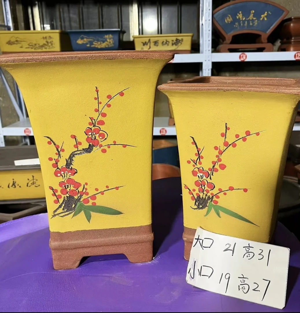 四角束腰紫砂花盆手刻彩绘工艺