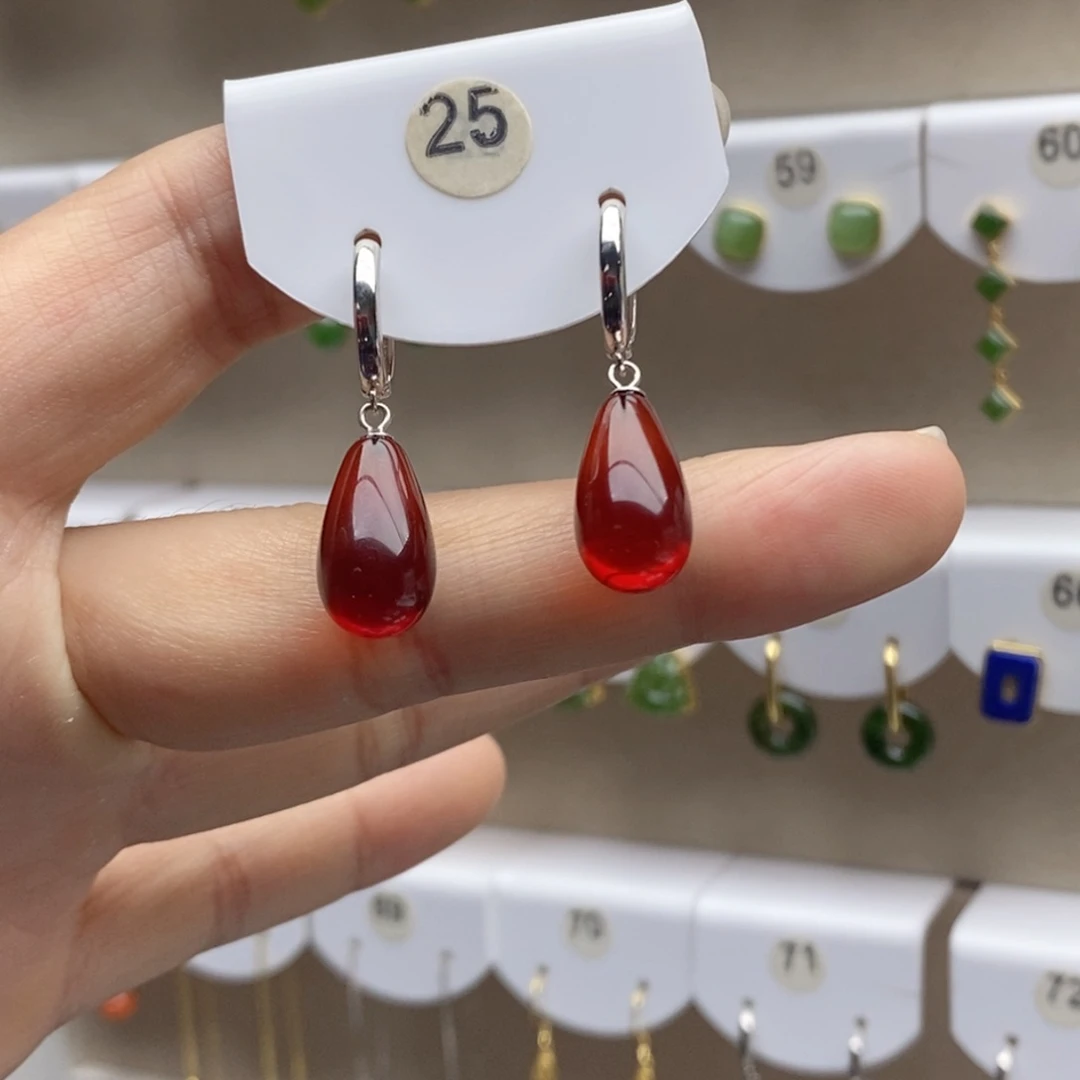 血珀银S925镶嵌耳饰