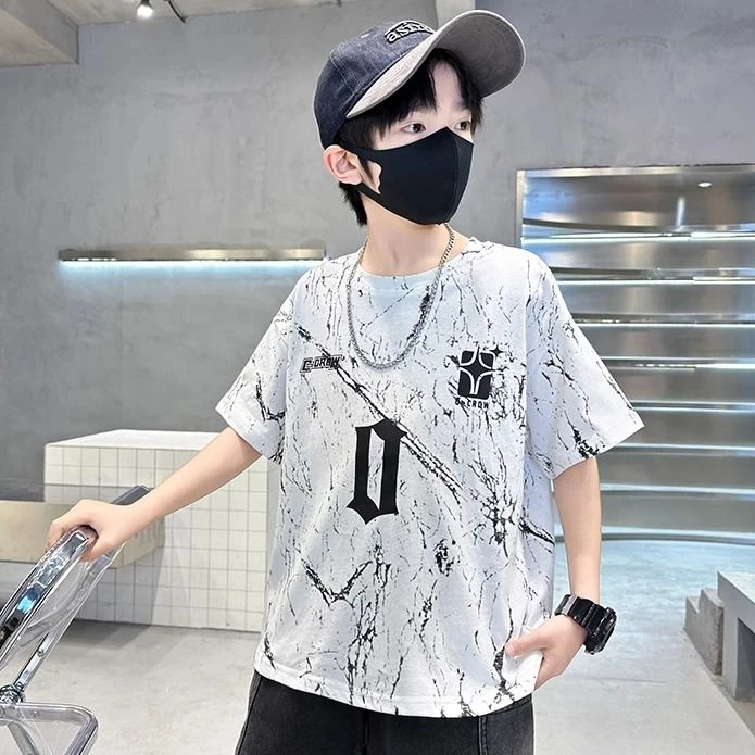 帅气男童爆款夏季纯棉短袖宽松洋气印花T恤运动上衣儿童中大童