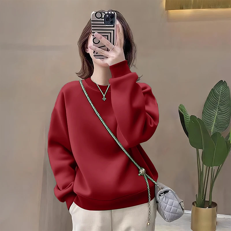 圆领韩版套头卫衣女士加绒加厚秋冬长袖上衣高腰显瘦小个子打底衫