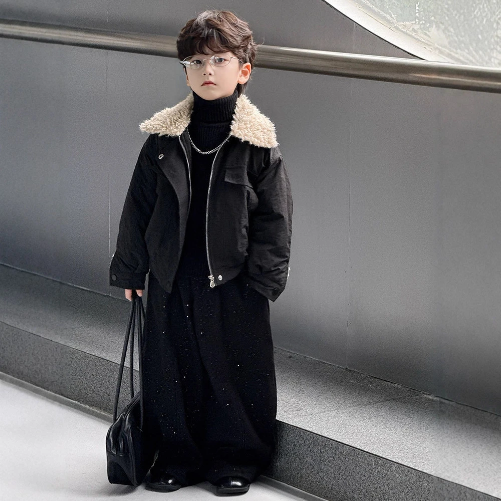 儿童服装男童外套2025秋冬季新款保暖加绒毛毛外套翻领毛毛外套潮