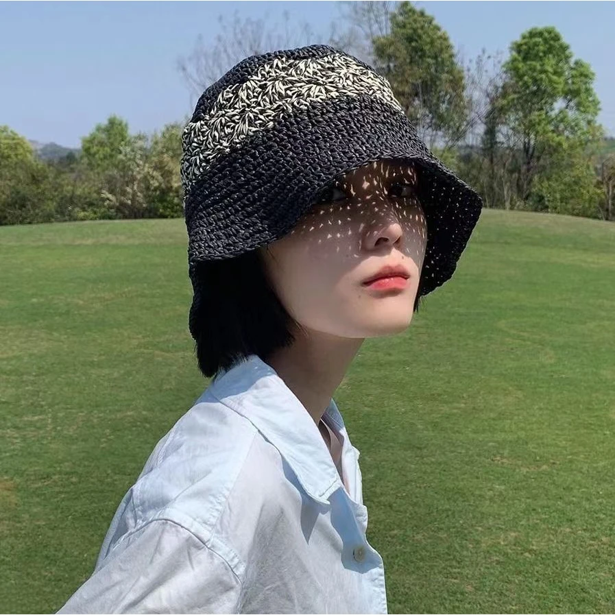 薄款编制草帽女圆顶蝴蝶结夏季图案渔夫帽帽子防紫外线韩版遮脸
