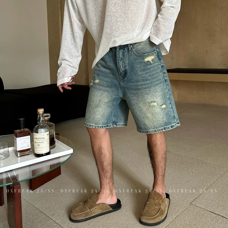OXFREAK「磨烂做旧破洞」水洗磨白牛仔短裤男直筒宽松休闲五分裤