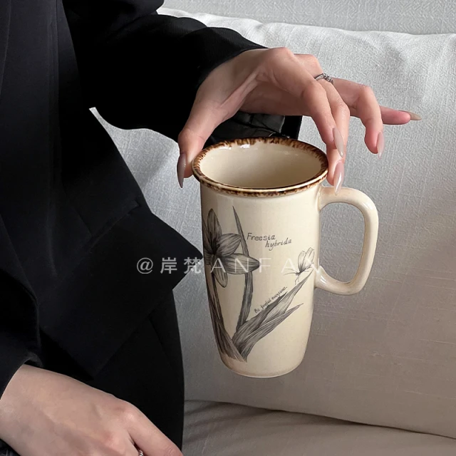 岸梵大容量陶瓷杯美式田园风咖啡杯复古花卉马克杯家用杯喝水杯子