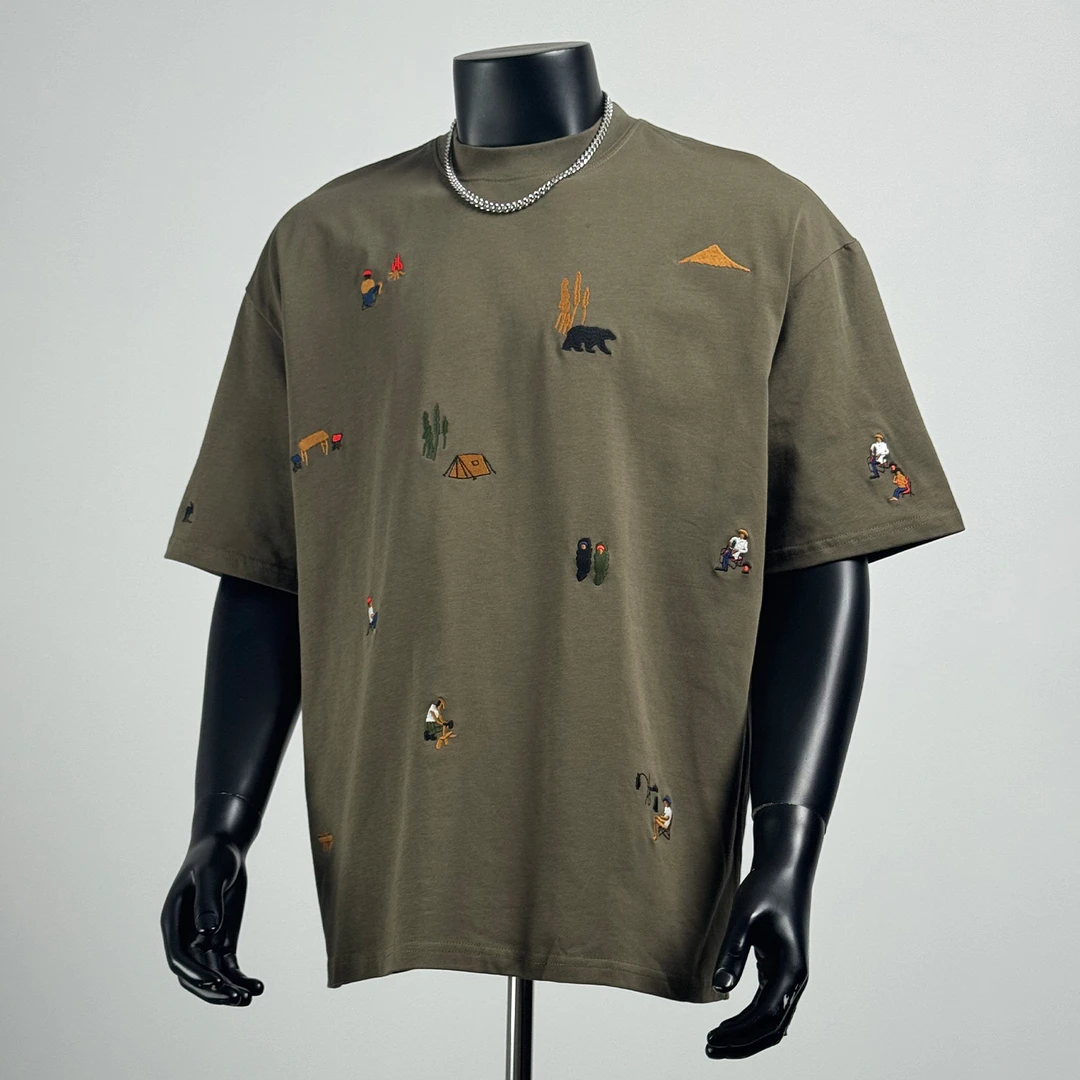 特大码300斤日系潮牌刺绣青少年T恤男装夏季复古休闲圆领短袖上衣