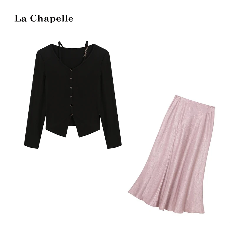 拉夏贝尔Homme/【风信子】温柔风显瘦黑色上衣+粉色半裙LA5ZL104109