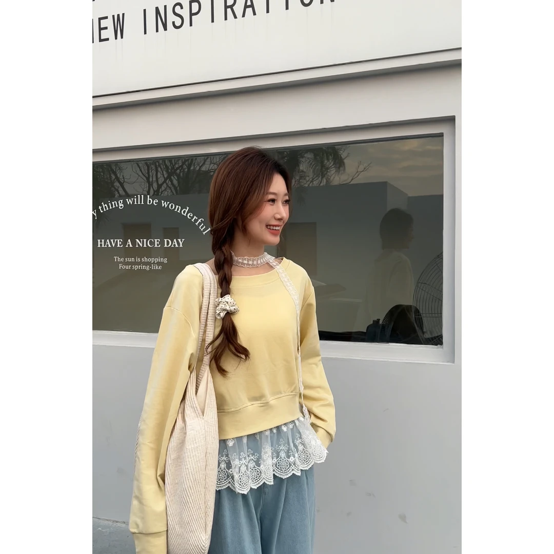 【奶油糖霜】B东大门春款韩系拼接蕾丝套头设计感蕾丝围脖卫衣2233
