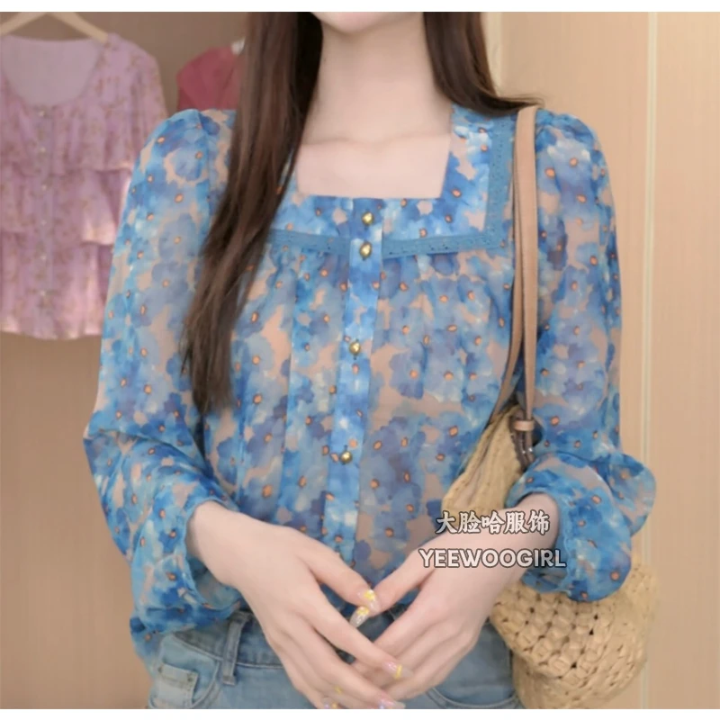 【大脸哈】显瘦气质方领碎花长袖衬衫女2025新款甜美设计感宽松小衫