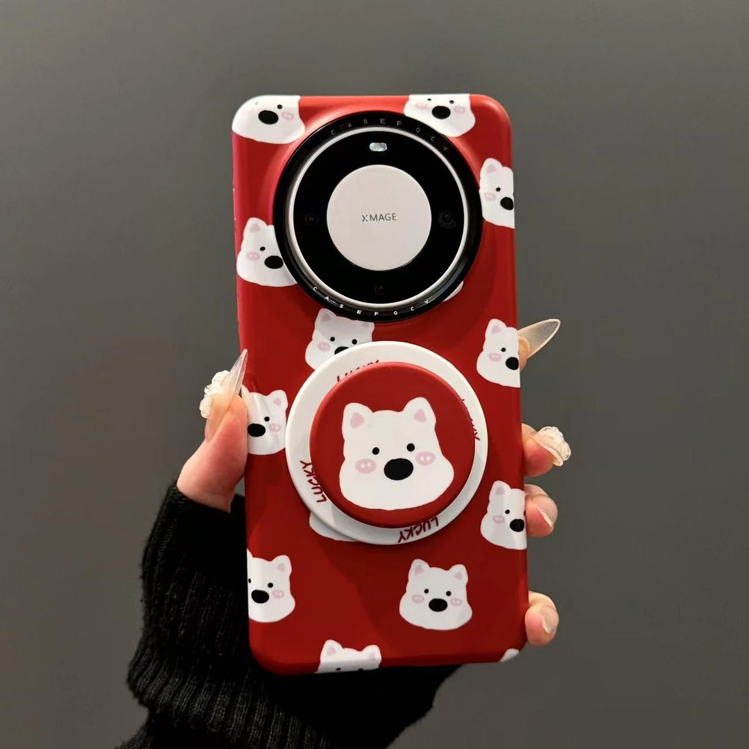 适用华为mate60pro+手机壳红底满屏狗狗头像磁吸支架mate60硬壳