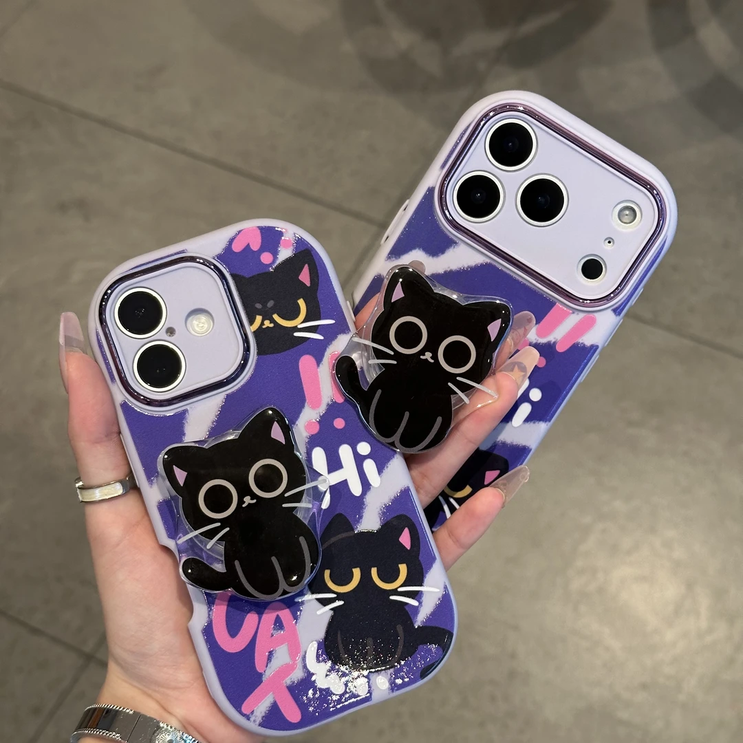 欧克里里紫色小黑猫支架适用苹果17/16手机壳华为vivo小米15oppo