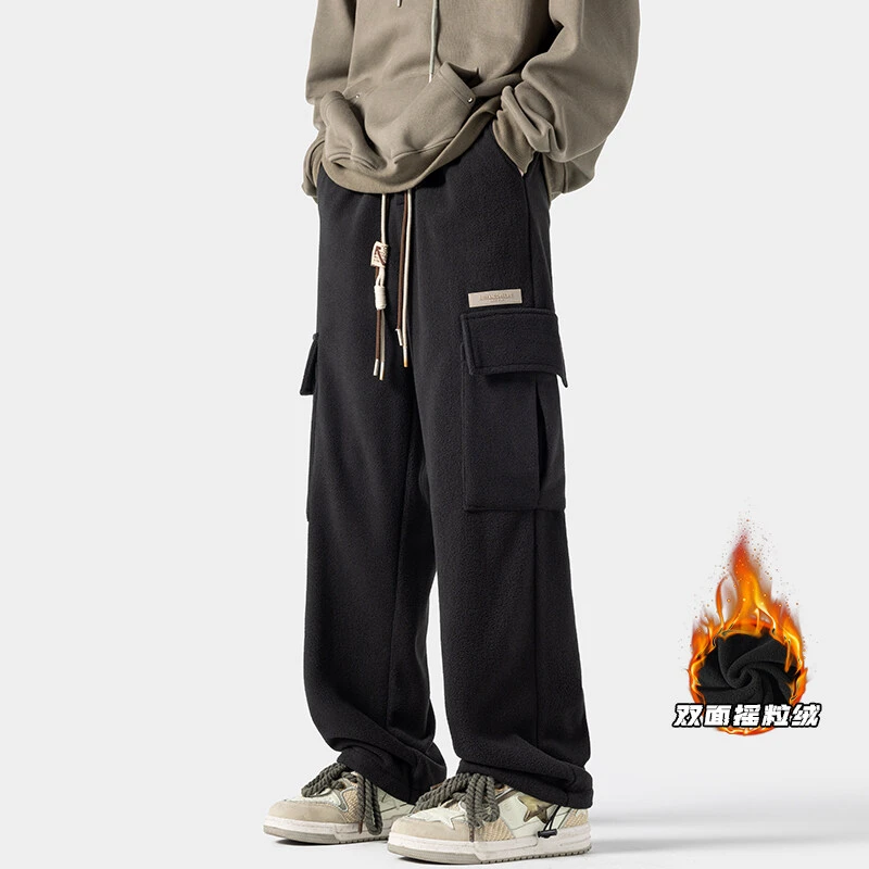 HK23855港风潮牌冬季保暖双面摇粒绒工装卫裤