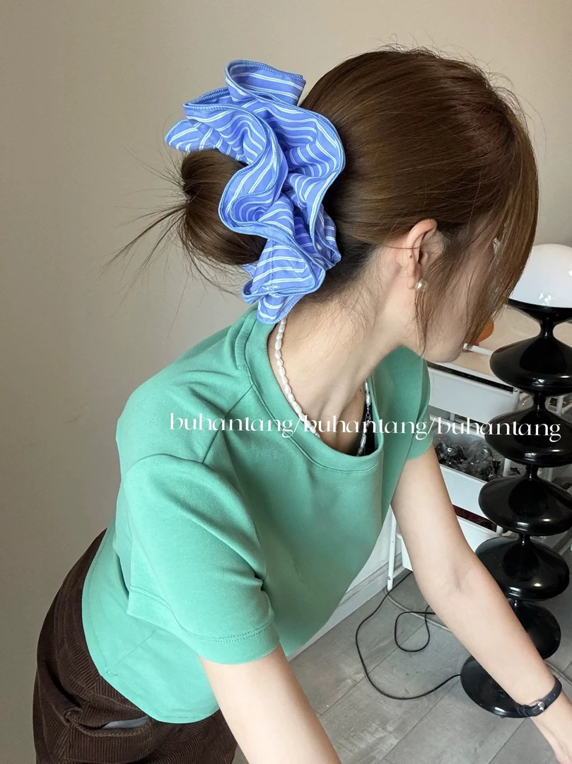 不韩糖发饰 蓝色条纹大肠发圈！百搭经典布艺发圈发饰！！
