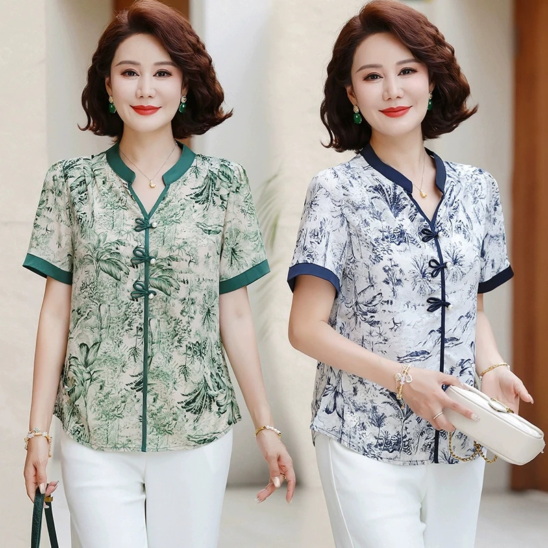 2025妈妈遮肉修身洋气短袖T恤女新款时尚中老年宽松显瘦上衣衬衣