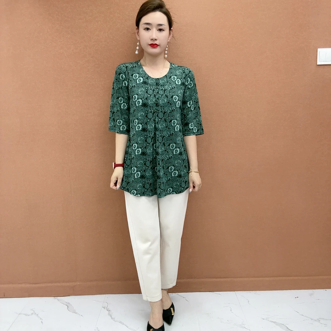 夏季新款时尚妈妈装大码宽松显瘦洋气遮肚子薄款冰丝上衣中年女装