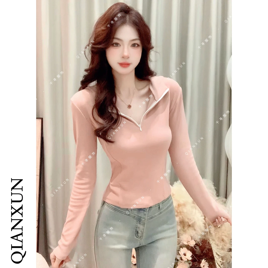 千寻家 秋冬韩系简约休闲连帽设计感修身显瘦百搭纯色打底T恤622