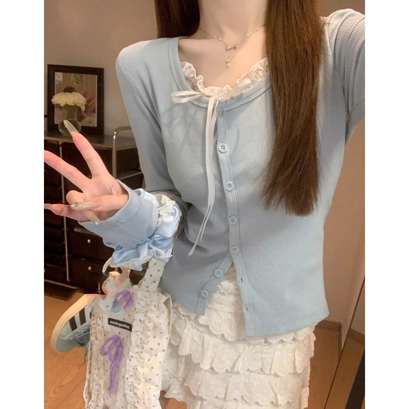 【贝蒂】秋夏大码胖mm欧若风纯欲蕾丝拼色单排扣假两件T恤显瘦上衣