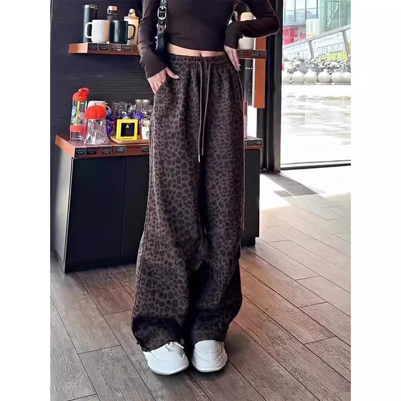 咖色豹纹运动休闲裤子女2025秋冬爆款美式高街时尚加绒加厚阔腿裤