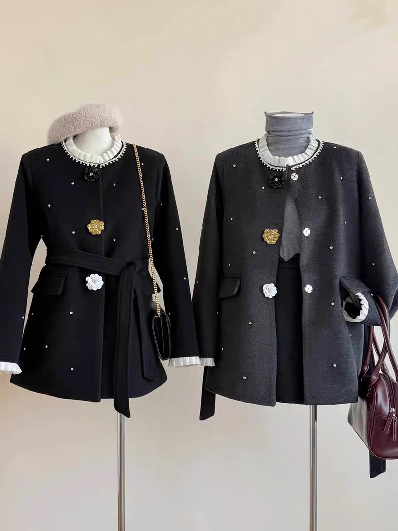 秋冬季韩版小香风重工镶钻毛毛袖外套女2024新款大码系带大衣