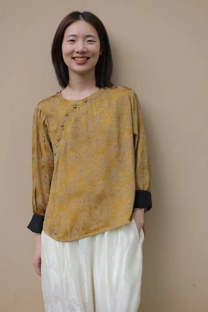 慢慢变蓝S6837原创复古斜襟提花上衣