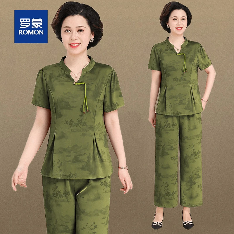 罗蒙新中式套装妈妈装夏款气质衣服洋气高贵中老年人女装短袖衬衫