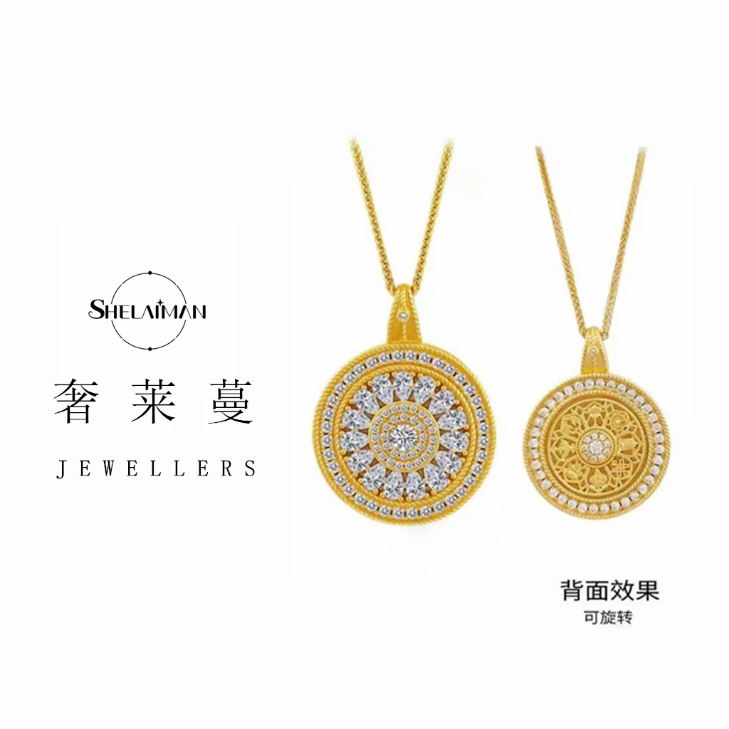 非金属布艺项链  新中式满镶双面可佩戴旋转八宝罗盘项链L01