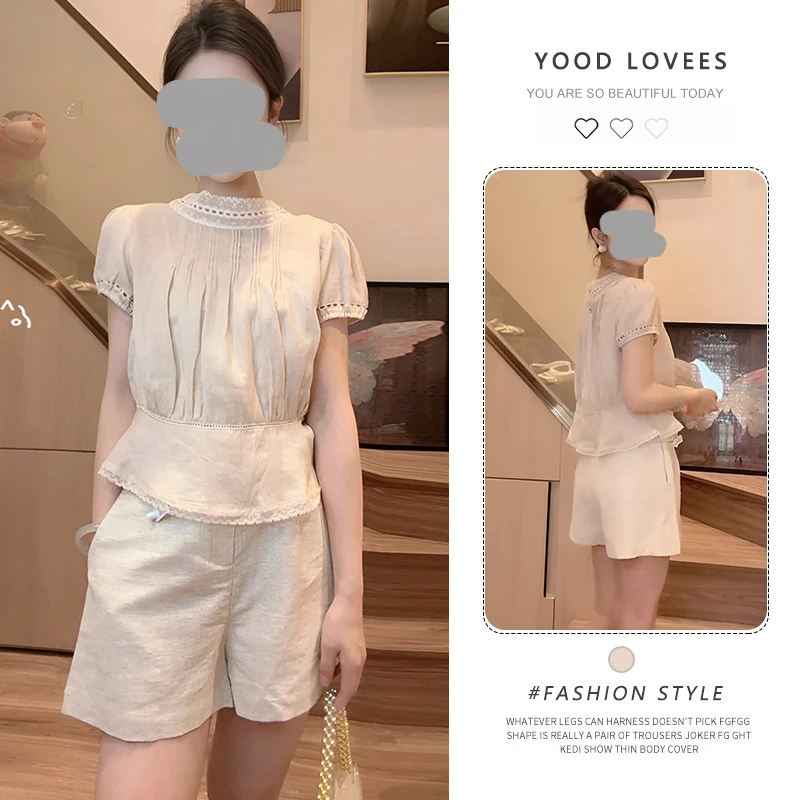 法式蕾丝拼接泡泡短袖衬衫上衣女2025夏季短裤宽松显瘦百搭套装潮