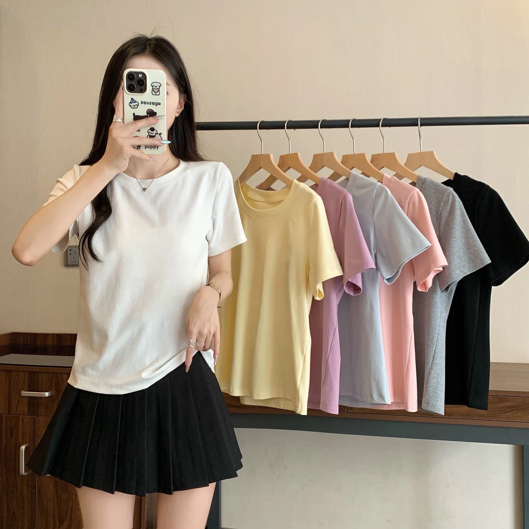 设计感短袖T恤夏季女2025新款韩版小马标百搭纯色圆领上衣3116