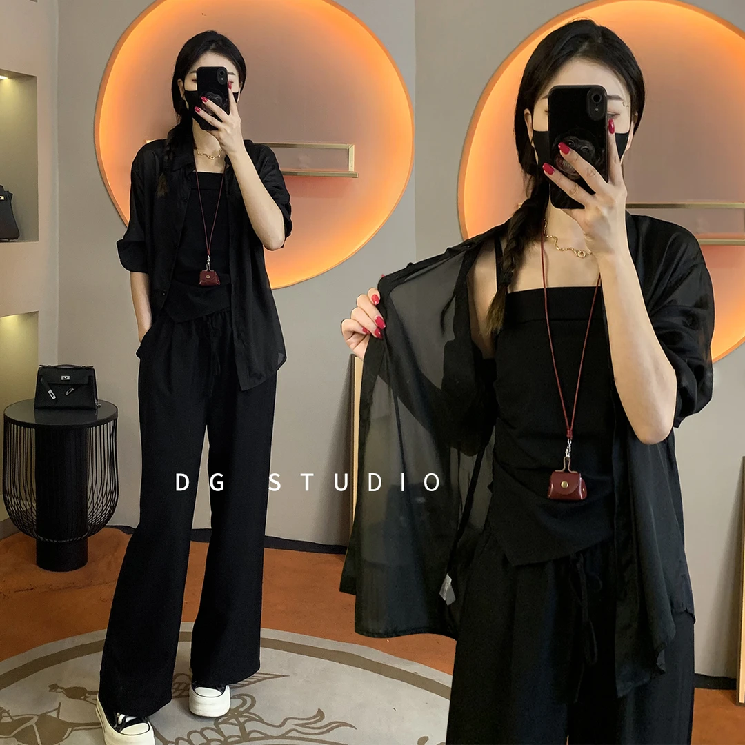 【DG】2025春夏款休闲高级感气质时尚套装衬衫吊带长裤轻熟风三件套