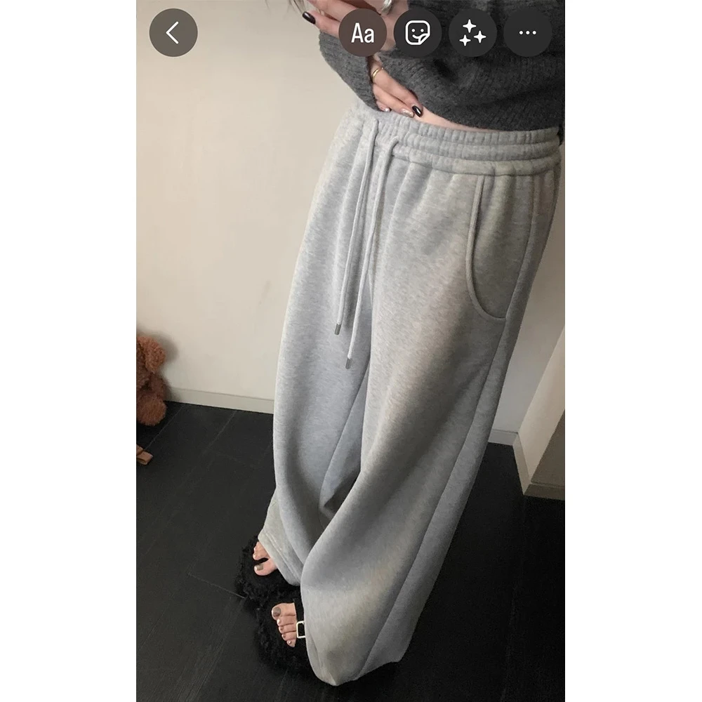CHIC 韩系美式裤wang 复合加绒百搭不挑人松紧腰抽绳灰色卫裤百搭