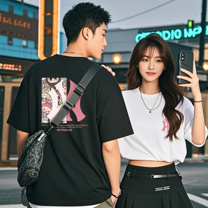 圆领夏季短袖卡通撞色男士T恤情侣装半袖韩版上衣潮流百搭
