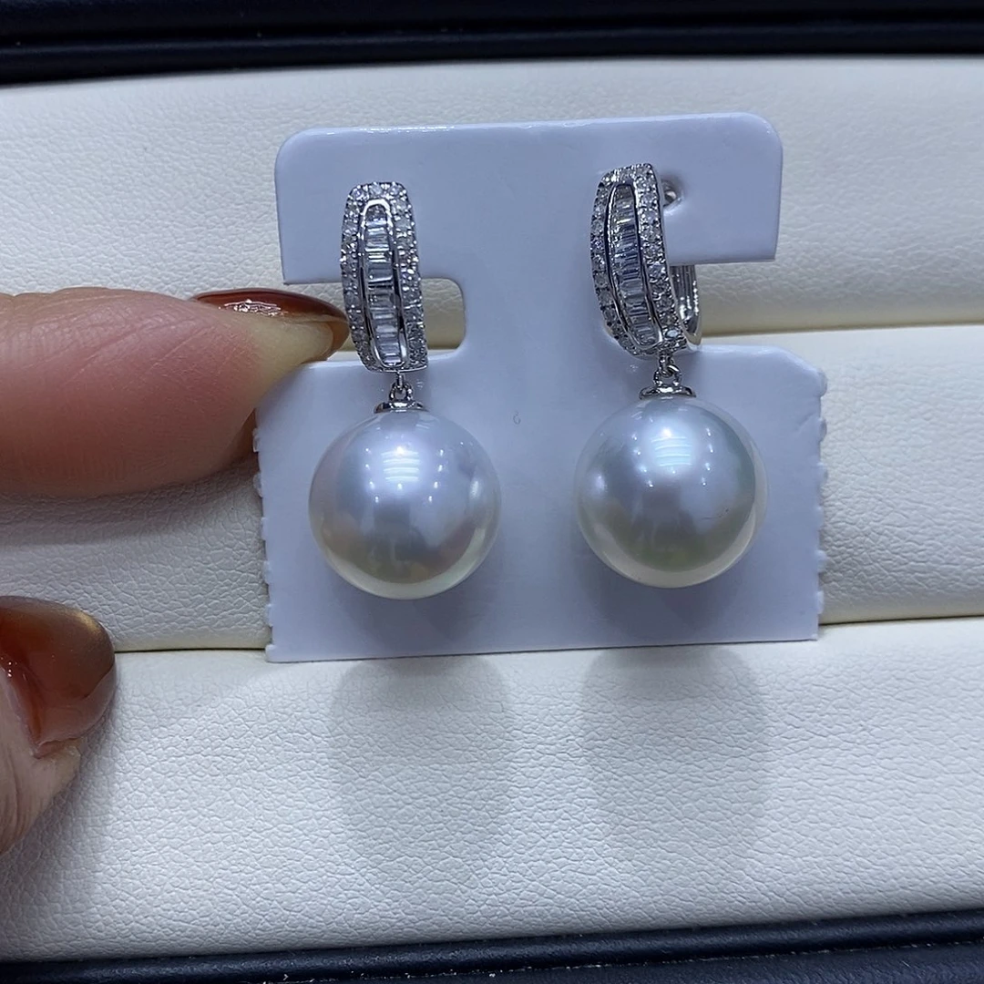 18K金镶嵌海水珍珠耳饰12到13点位澳白