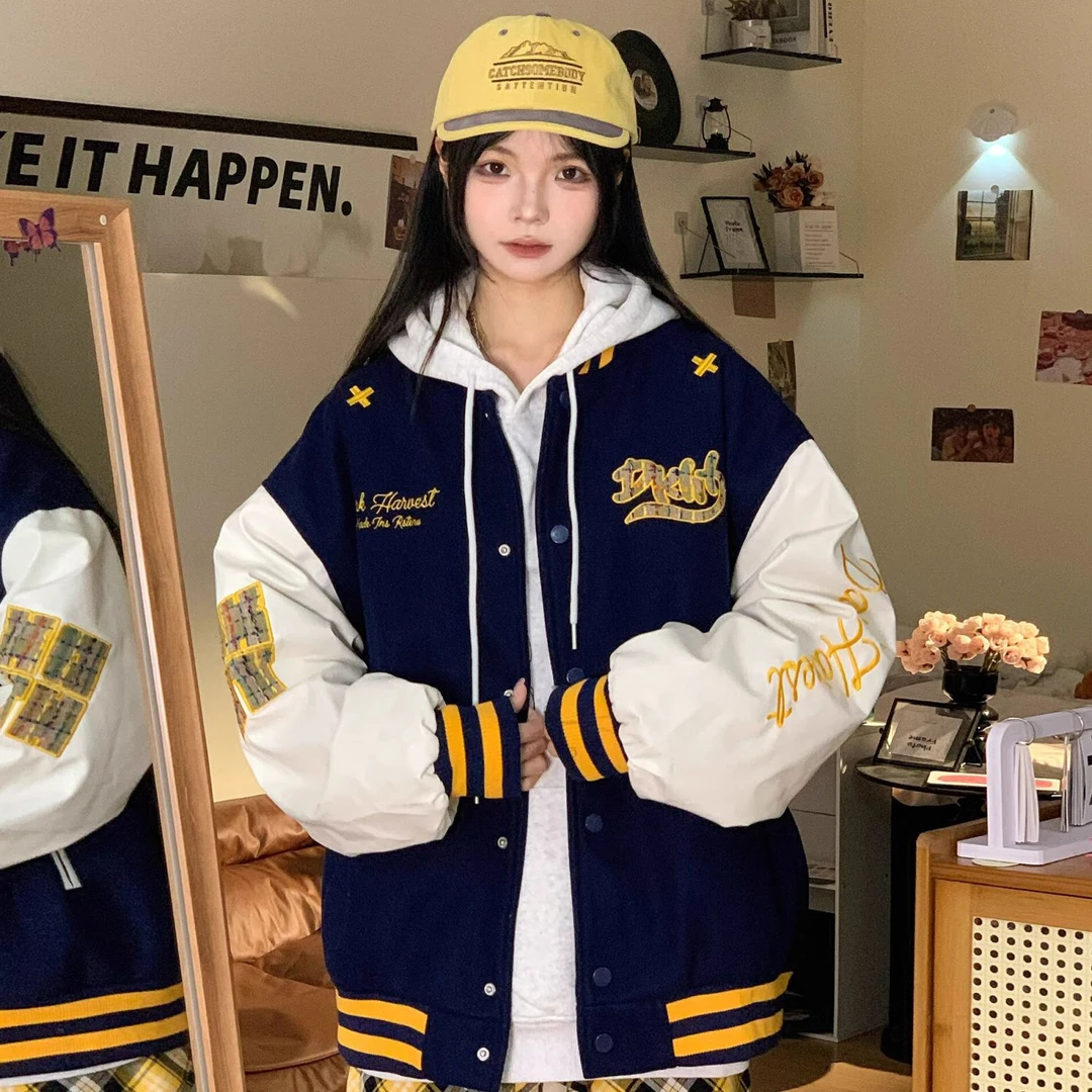 撞色棒球服外套女2025秋冬新款加棉加厚高街高贵上档次棒球服女