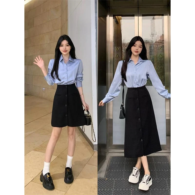 学院风大码女装25春秋新款长袖假两件蓝色条纹拼接收腰显瘦连衣裙