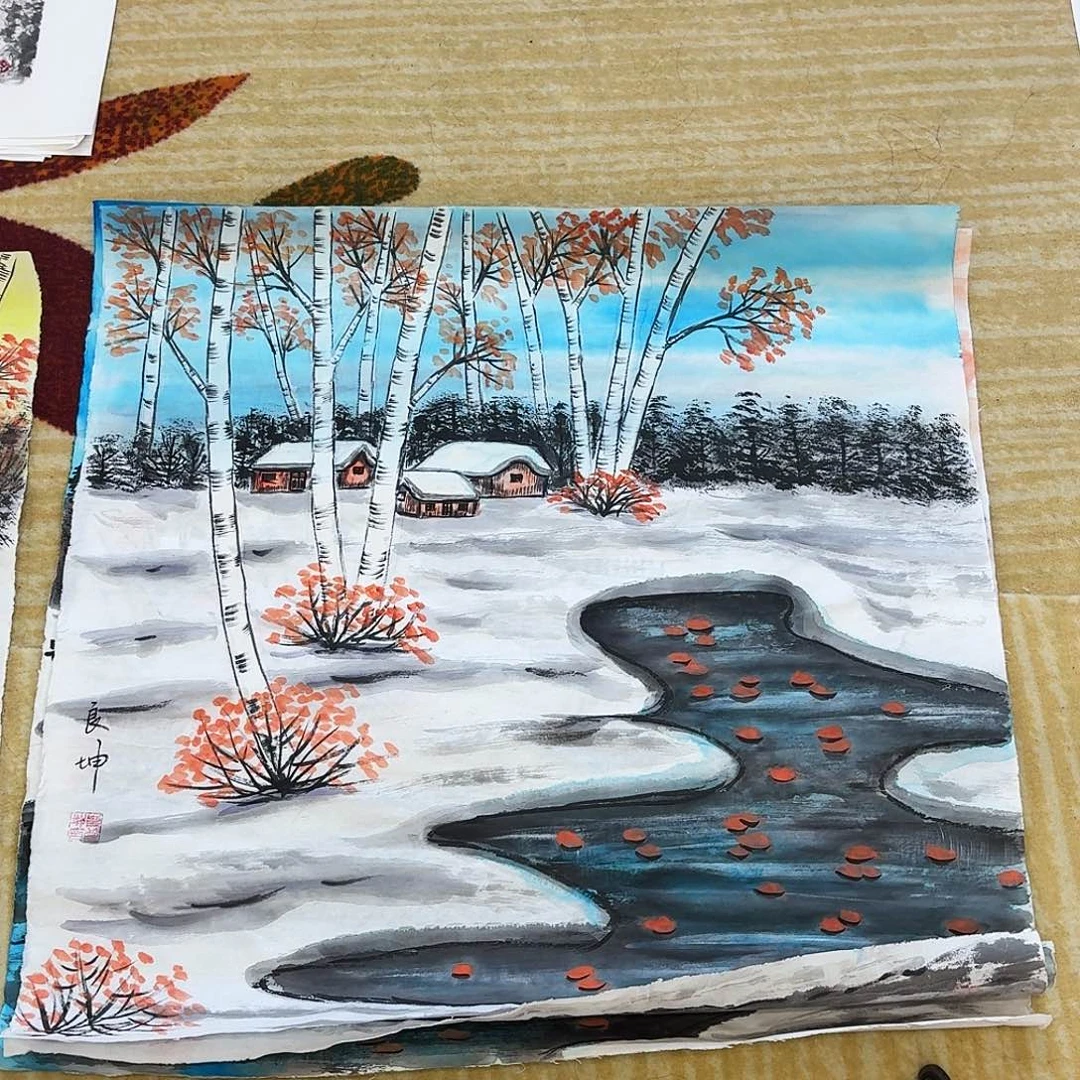 国画四尺斗方手绘作品雪景图