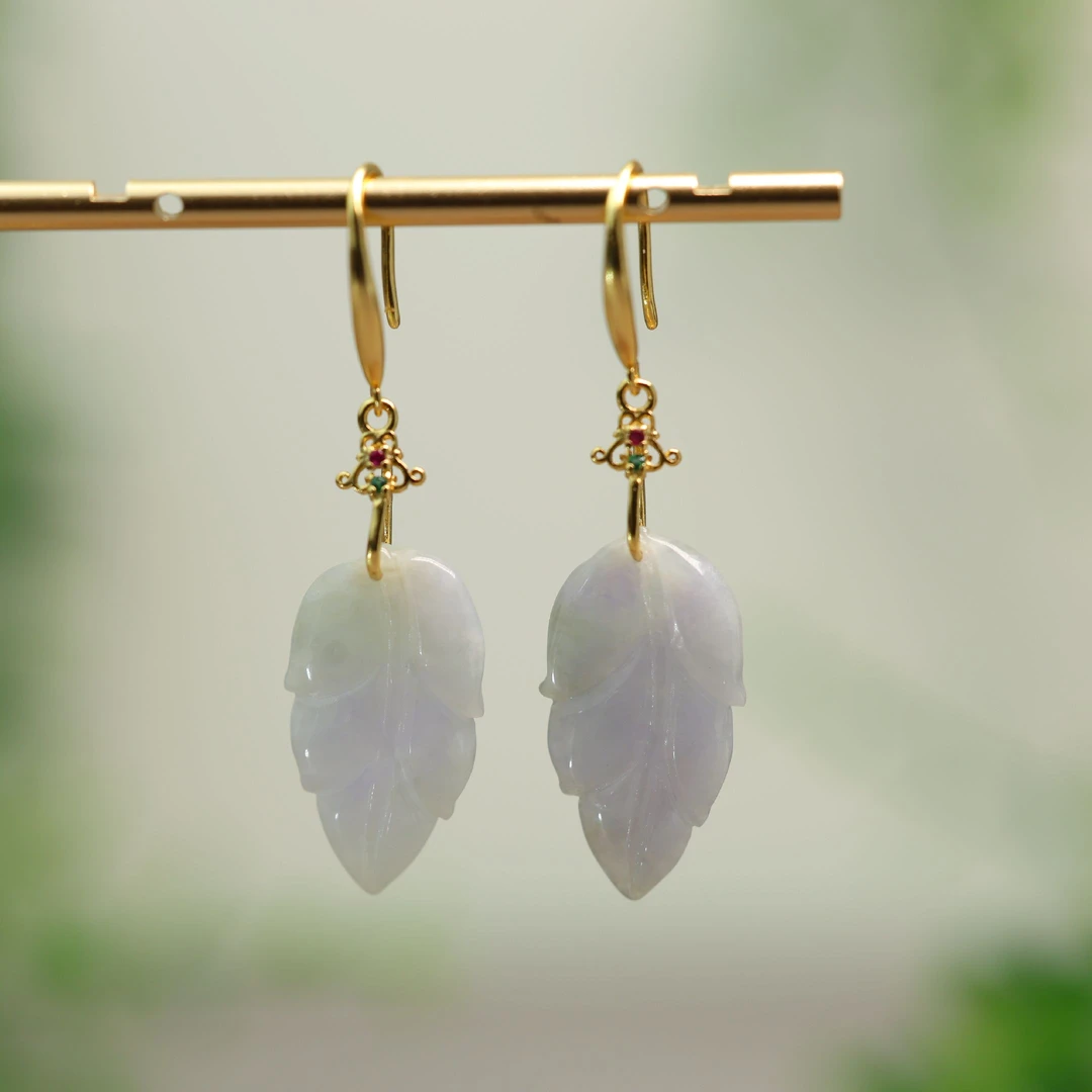 #G289 糯种紫色缅甸天然A货翡翠树叶子耳坠 S925银镶嵌耳钩款