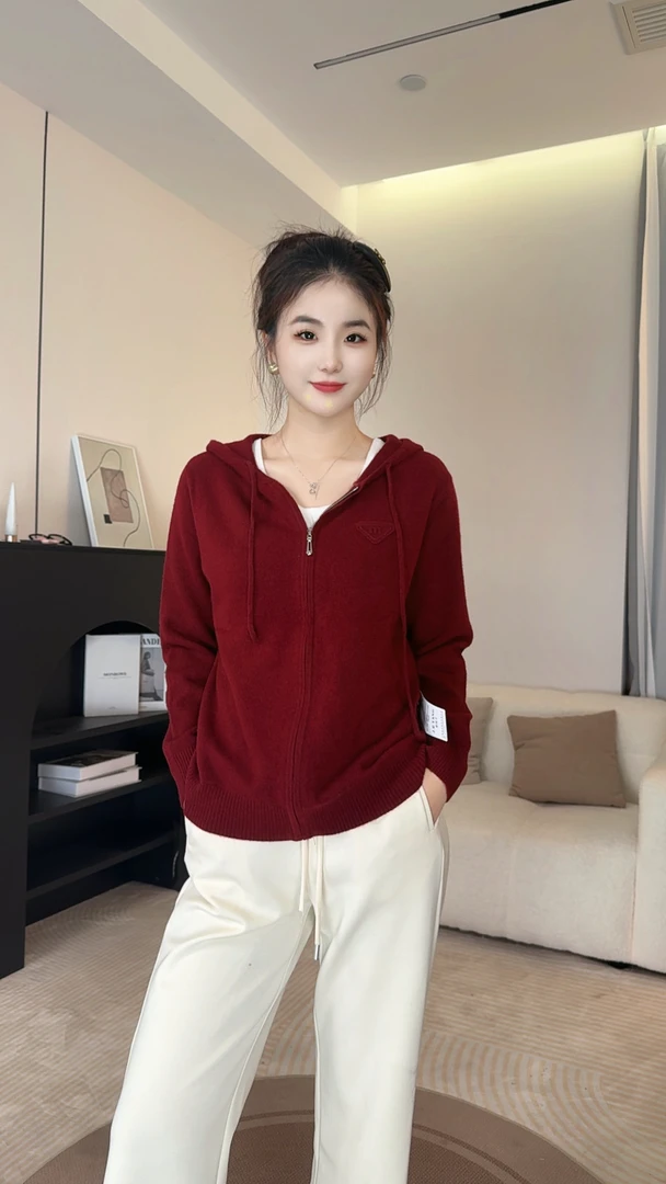 【聚绒羊】纯羊毛 长袖开衫款拼接毛针织衫帽衫衫秋冬连帽